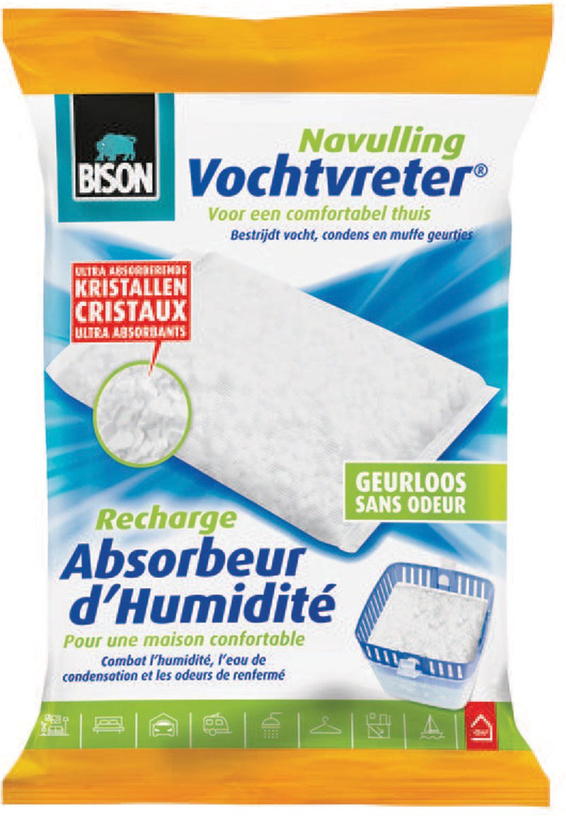 Afbeelding laden in galerijviewer, Bison vochtvreter® navulzak neutraal 450 g, geschikt voor vochvreter®, bestrijd hoge luchtvochtigheid, geen batterij nodig, ook geschikt voor caravans en campers
