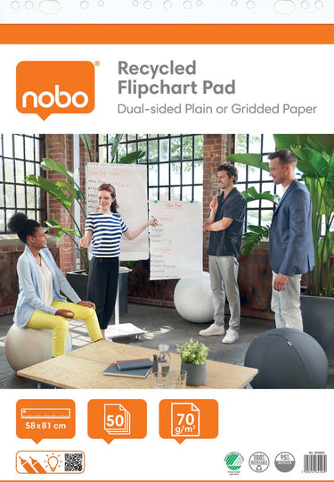 Nobo gerecycled flipover papier op rol - 50 vellen dubbelzijdig blanco of geruit papier- 58x81cm - 70 grams