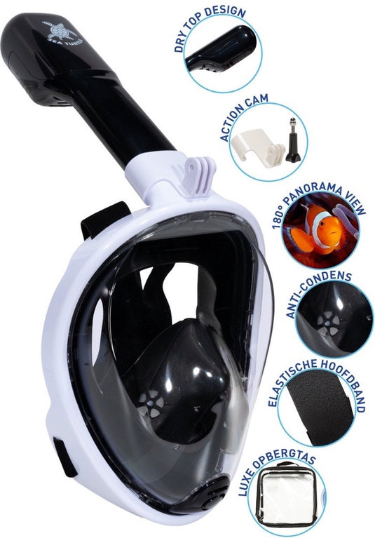 Sea turtle snorkelmasker - snorkel - duikbril - snorkelset - full face masker - volwassenen - wit zwart - s m