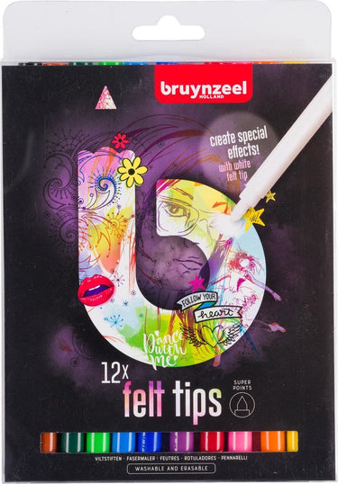 Bruynzeel teens 12 super viltstiften - met witte wis-stift