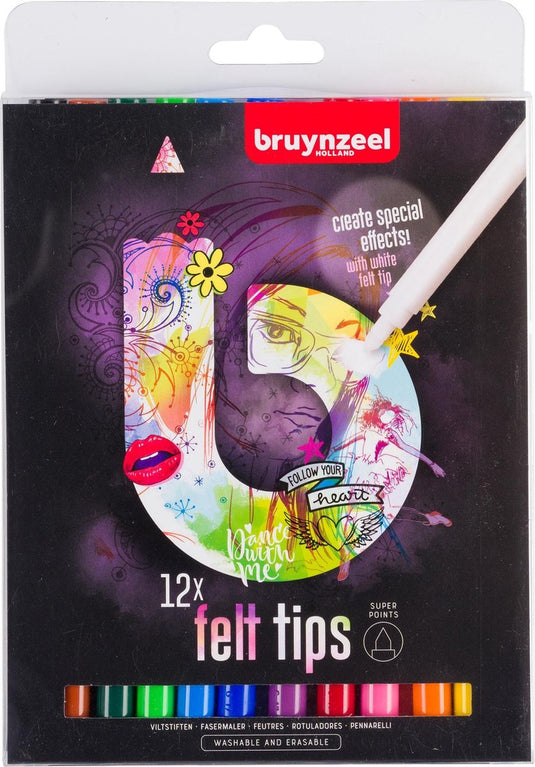 Bruynzeel teens 12 super viltstiften - met witte wis-stift