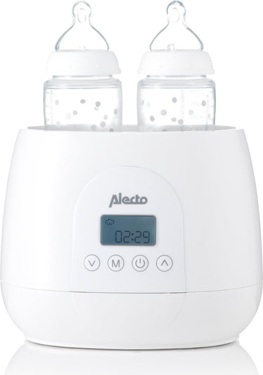 Alecto bw700twin - dubbele digitale flessenwarmer 500w voor opwarmen, steriliseren en ontdooien - verwarm 2 flesjes tegelijkertijd - inclusief stoomkap - wit