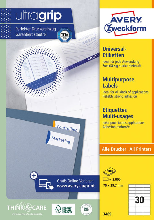 Avery witte etiketten quickpeel formaat 70 x 297 mm (b x h) 3.000 stuks 30 per blad doos van 100 blad