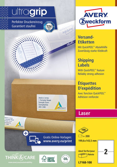Avery witte laseretiketten quickpeel doos van 100 blad formaat 1996 x 1435 mm (b x h) 200 stuks 2 per blad