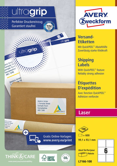 Avery witte laseretiketten quickpeel doos van 100 blad formaat 991 x 931 mm (b x h) 600 stuks 6 per blad