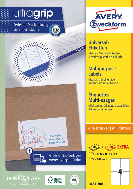 Merkloos sans marque avery zweckform universal - permanente, selbstklebende papieretiketten - weiß - 105 x 148 mm - 800 etikett(en) (200 bogen x 4) (3483-200)