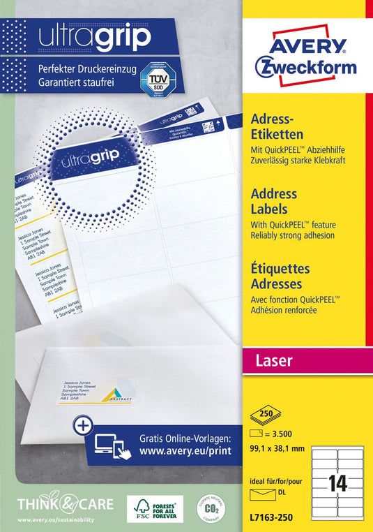 Merkloos sans marque huismerk avery l7163-250 laserprinter etiket 99.1x38.1 wit