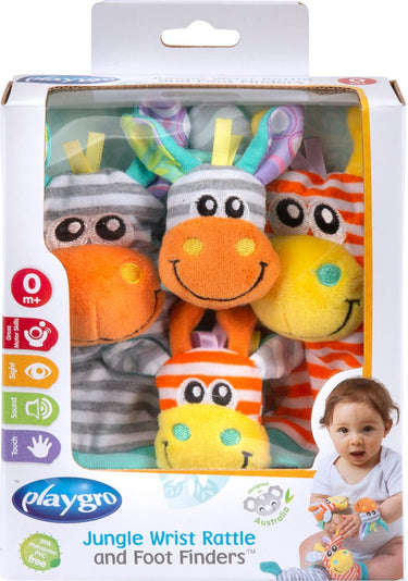 Playgro jungle pols- en voetrammelaarset zebra giraf - set van 4 stuks, 2 polsbandjes en 2 rammelsokjes -speelgoed baby - speelgoed 1 jaar - kraamcadeau - baby geschenkset