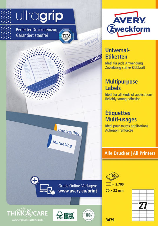 Avery universele etiketten, wit, 70,0 x 32,0 mm, permanent klevend
