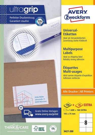 Avery witte etiketten quickpeel formaat 105 x 74 mm (b x h) 1.600 stuks 8 per blad doos van 200 blad