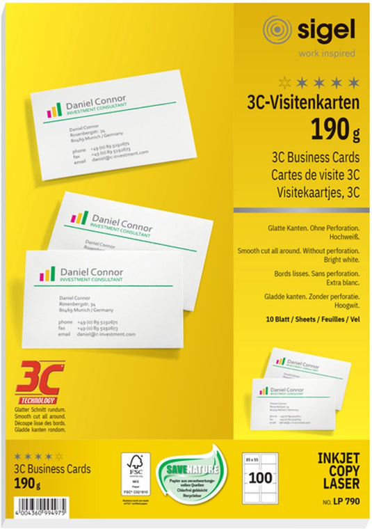 Sigel - visitekaartjes - wit - 85x55 mm - 190 gram - 100 stuks - si-lp790