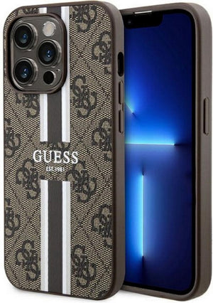 Guess 4g printed stripe back case (magsafe compatible) - geschikt voor apple iphone 15 pro max (6.7 ) - bruin