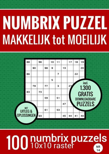Merkloos sans marque kerstcadeau: puzzelboek met 100 numbrix puzzels - makkelijk tot moeilijk - nr.14