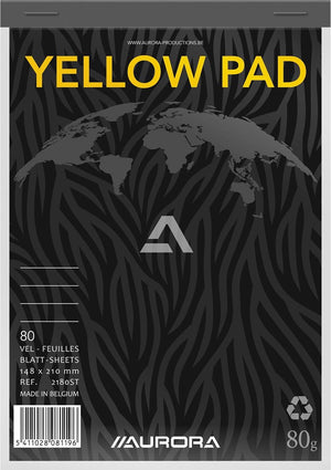 Aurora schrijfblok - yellow pad - recycled - a5 - geel - 80g - gelinieerd - 80 vel