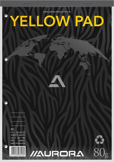 Aurora schrijfblok - yellow pad - recycled - a4 - geel - 80g - gelinieerd - 80 vel