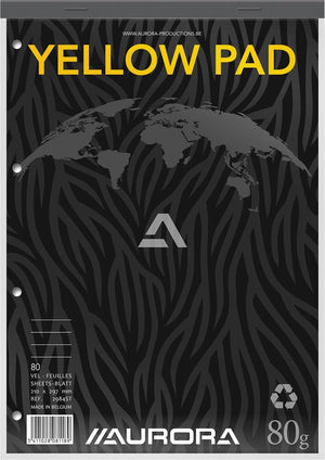 Aurora schrijfblok - yellow pad - recycled - a4 - geel - 80g - gelinieerd - 80 vel