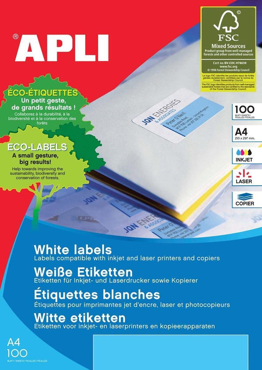Apli klevende etiketten 199,6 x 289,1 mm 100 lakens wit