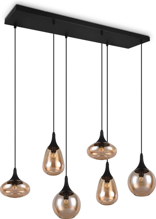 Trio lumina - hanglamp - zwart - excl. 6x e14 40w - aanpasbaar in hoogte - amber glas