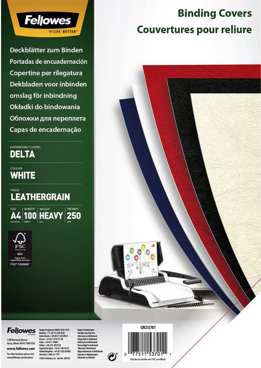 Fellowes schutbladen a4 delta lederlook wit 100 stuks fsc
