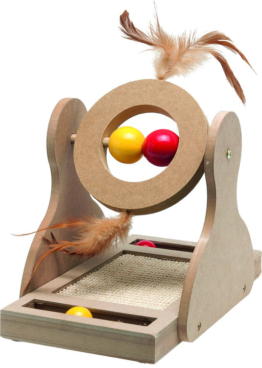 Flamingo kattenspeelgoed krabspeelgoed willa lichtbruin – interactief tuimelspeelgoed van mdf met sisal, balletjes pluimen – krabplezier en uitdaging in één