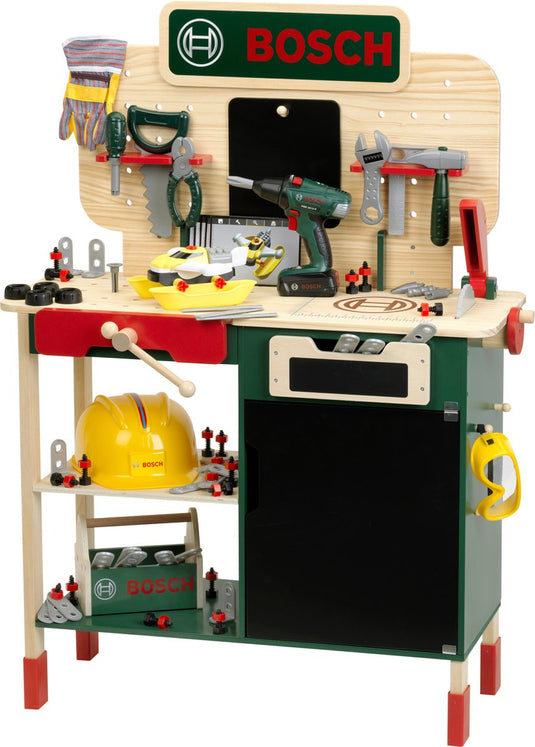 Klein toys bosch speelgoed werkbank - hout - 100-delige accessoire set - incl. licht- en geluidseffecten