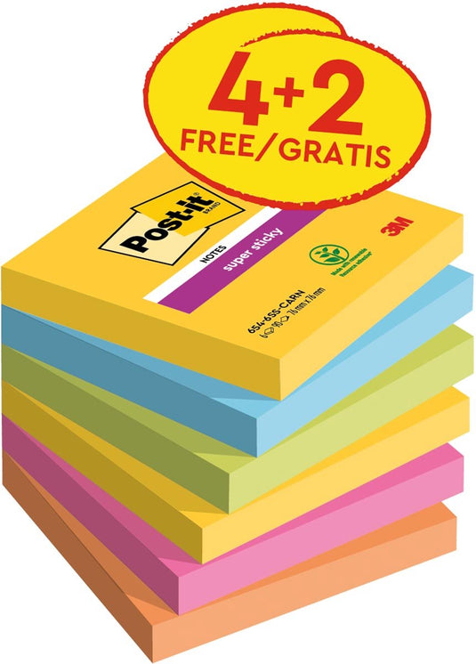 Post-it super sticky notes carnival | 90 vel | ft 76 x 76 mm | 4 + 2 gratis