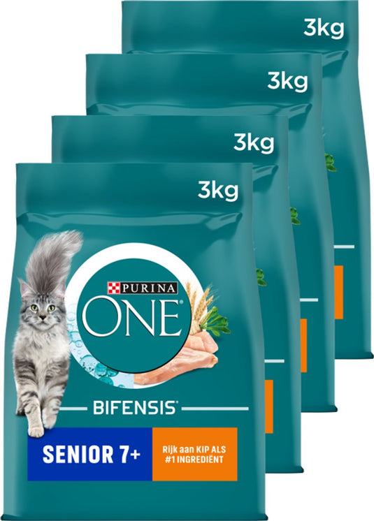 Purina one senior - kattenbrokjes - kip volkoren granen - 4 x 3 kg
