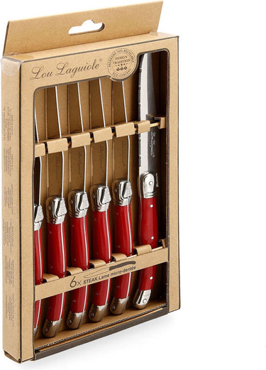 Lou laguiole messen set rustic vleeswaren rood metaal 6 stuks