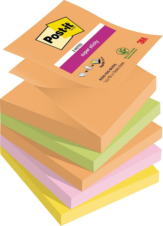 Post-it super sticky z-notes boost | 90 vel | ft 76 x 76 mm | geassorteerde kleuren | pak van 5 blokken