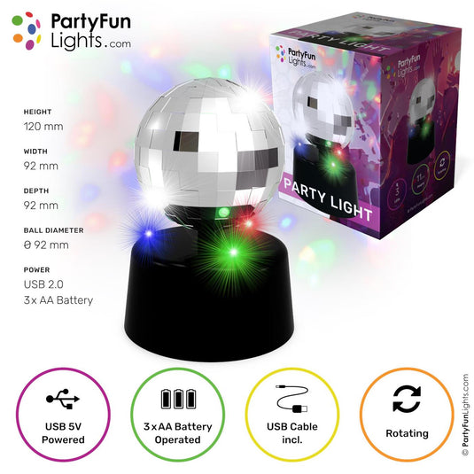 Partyfun lights tafellamp mini mirror disco led multi colour werkt op 3xaa batterijen en usb roterend