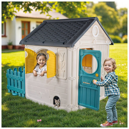 Dolu speelhuis met tuinhek deurbel wit groen grijs geel 122.5x156x104cm