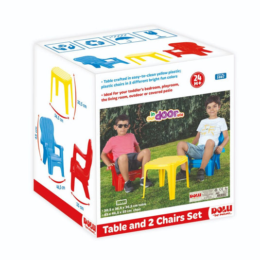 Dolu tafel met 2 stoelen blauw rood geel