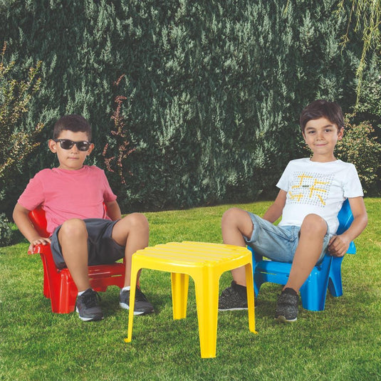 Dolu tafel met 2 stoelen blauw rood geel