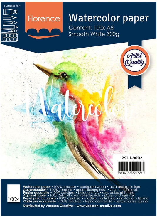 Florence vaessen aquarelpapier - intense white - a5 - 300 grams - gladde structuur - smooth - florence - 100 vellen