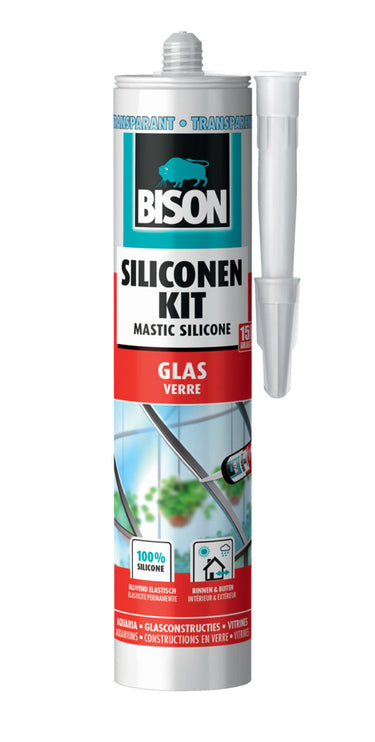 Bison siliconenkit glas koker 300 ml - transparant, blijvend elastisch, uitstekende hechting, kleurvast, voor toepassingen met glas, aquaria, vitrinebouw