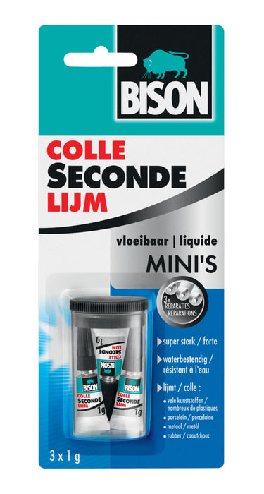 Bison secondelijm vloeibaar mini's 3 x 1g, sterke secondelijm, speciale min verpakking, vaatwasser bestendig, water resistent, voor iedere reparatie in en om het huis