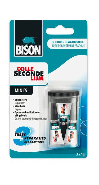 Afbeelding laden in galerijviewer, Bison secondelijm vloeibaar mini's 3 x 1g, sterke secondelijm, speciale min verpakking, vaatwasser bestendig, water resistent, voor iedere reparatie in en om het huis
