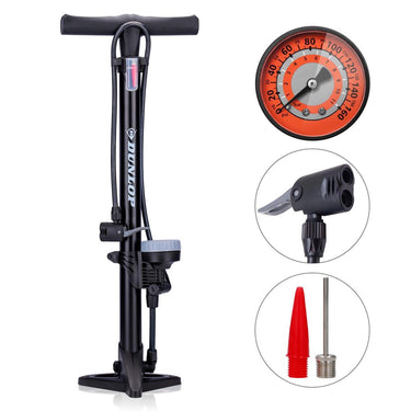 Dunlop staande fietspomp pro uitvoering - analoge drukmeter - dubbele ventielkop - zwart