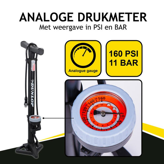 Dunlop Staande Fietspomp Uitvoering Analoge Drukmeter Dubbele Ventielkop Zwart