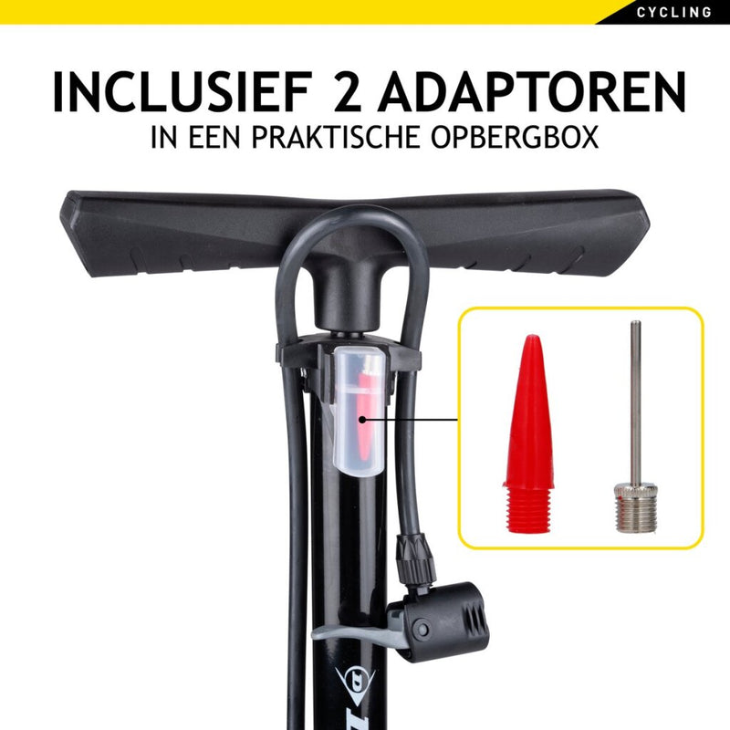 Load image into Gallery viewer, Dunlop fietspomp met drukmeter dubbel ventiel hollands ventiel frans ventiel autoventiel
