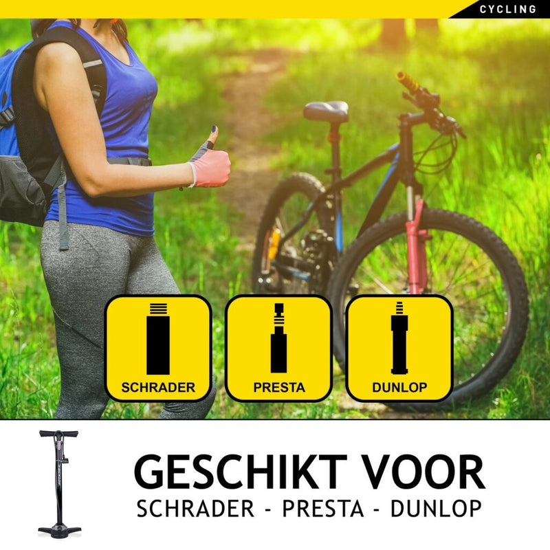 Load image into Gallery viewer, Dunlop fietspomp met drukmeter dubbel ventiel hollands ventiel frans ventiel autoventiel
