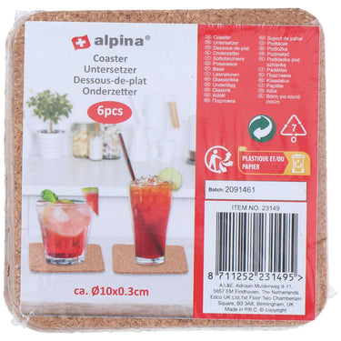 Alpina onderzetters kurk 6 stuks ã˜10cm vierkant of rond