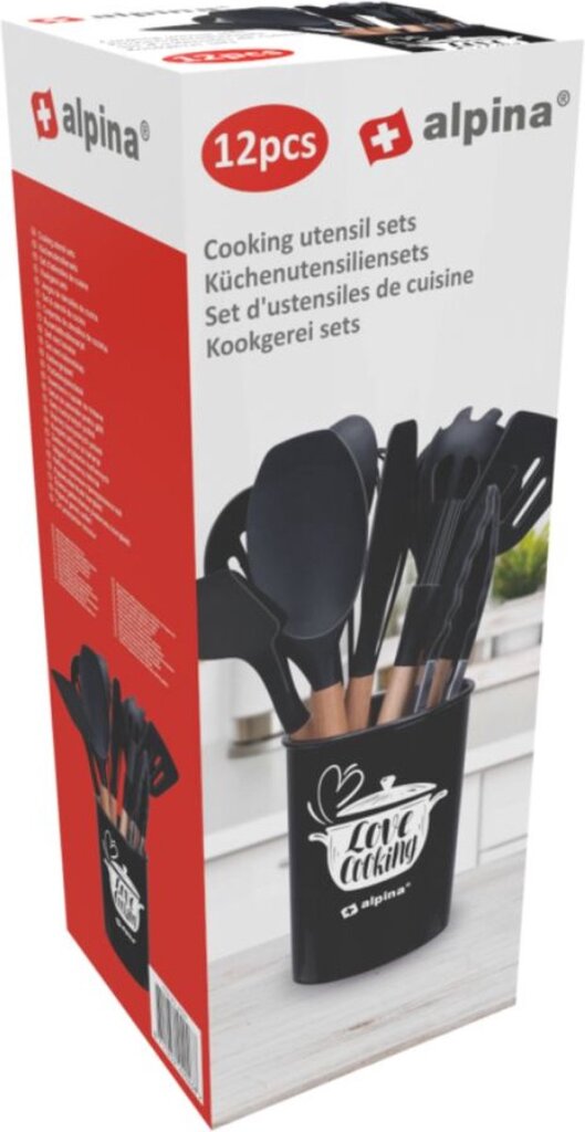 Load image into Gallery viewer, Alpina keukengerei set met houder 12 stuks siliconen gerei met houten handvat zwart
