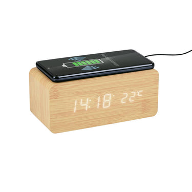 Grundig digitale wekker houtlook (op netstroom) met draadloze oplader 5w