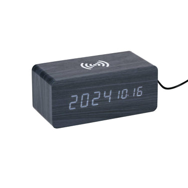 Grundig digitale wekker houtlook (op netstroom) met draadloze oplader 5w