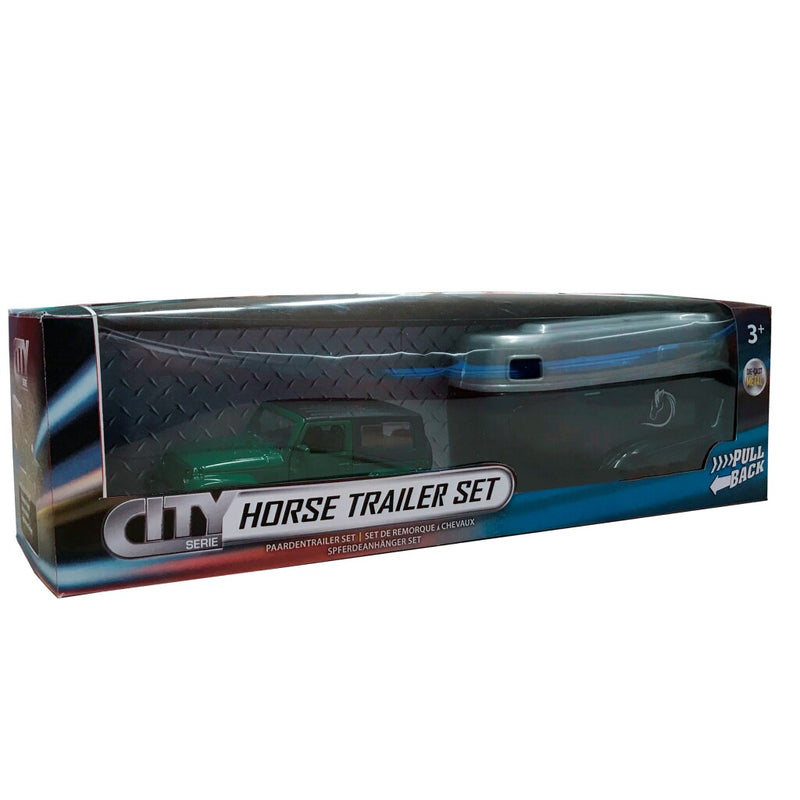 Load image into Gallery viewer, Basic city die-cast jeep met paardentrailer groen zwart
