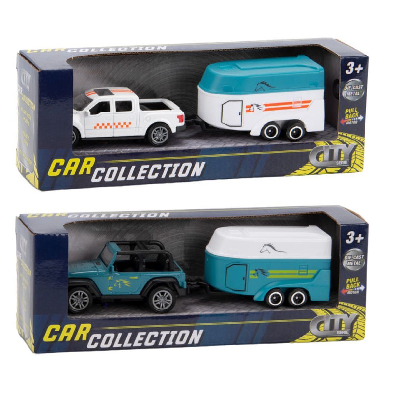 Laden Sie das Bild in Galerie -Viewer, City car collection die-cast pick-up met paardentrailer 1:50 assorti
