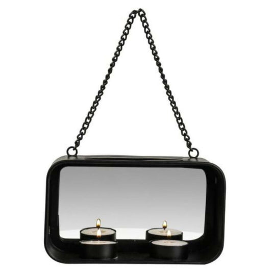 Gusta wand theelichthouder + spiegel 18x10x6.5 cm metaal zwart