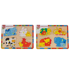 Houten noppenpuzzel wilde dieren met jongen, 8st.
