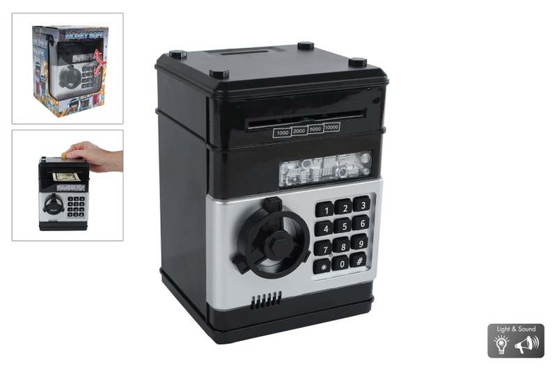 Afbeelding laden in galerijviewer, Geldkluis met geheime code en licht en geluid 19,5cm zwart
